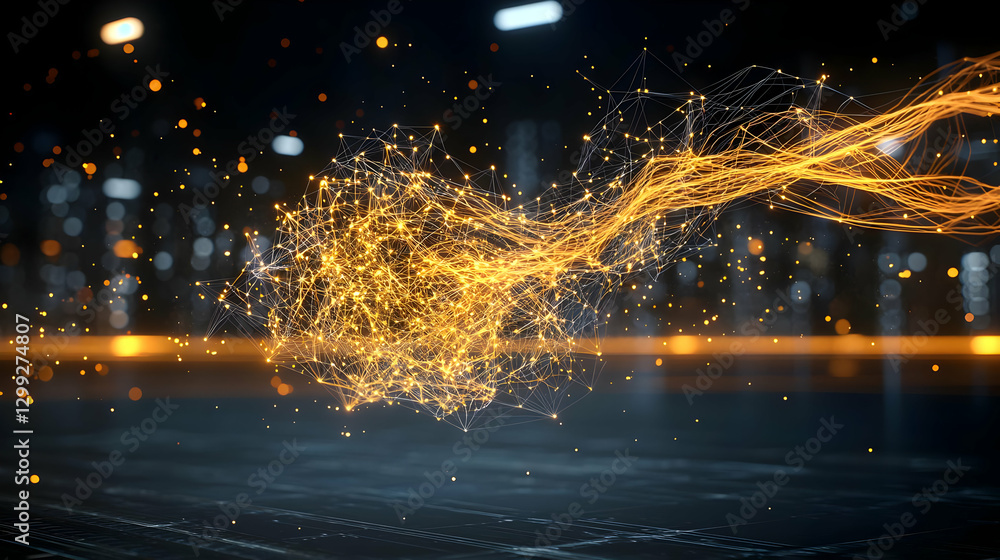 Poster abstract particle stream of orange energy with dynamic light over dark background