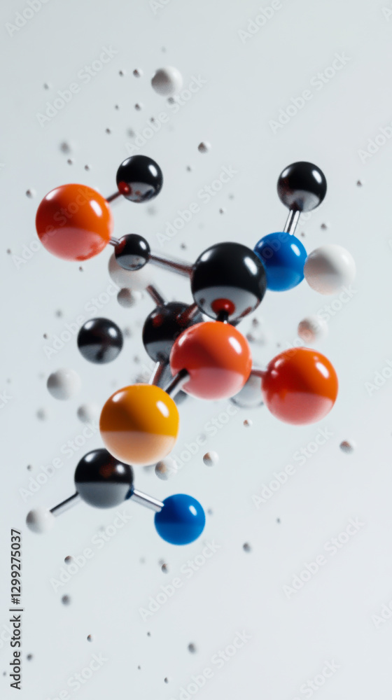 Poster vibrant molecular structure showcasing a range of colorful atoms in a dynamic arrangement