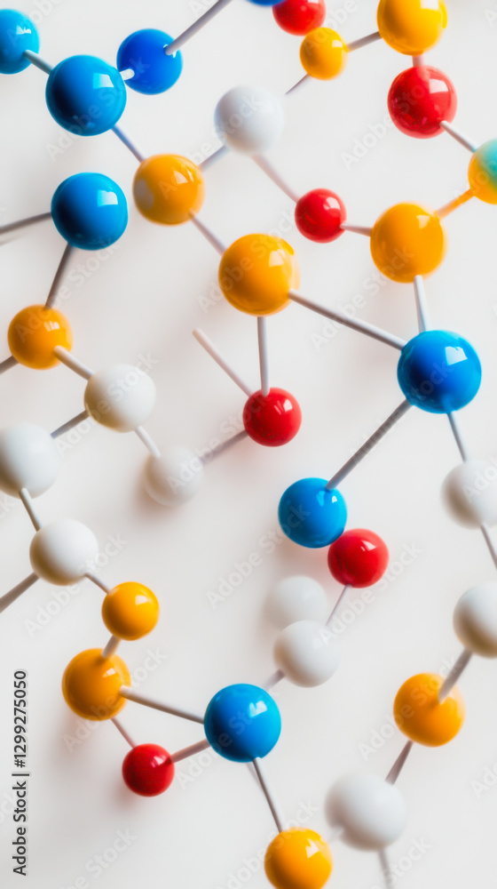 Poster vibrant molecular structure showcasing a range of colorful atoms in a dynamic arrangement