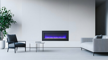 Modern Living Room Interior With Fireplace Sofa Chair and Minimalist Design in White and Blue Tones