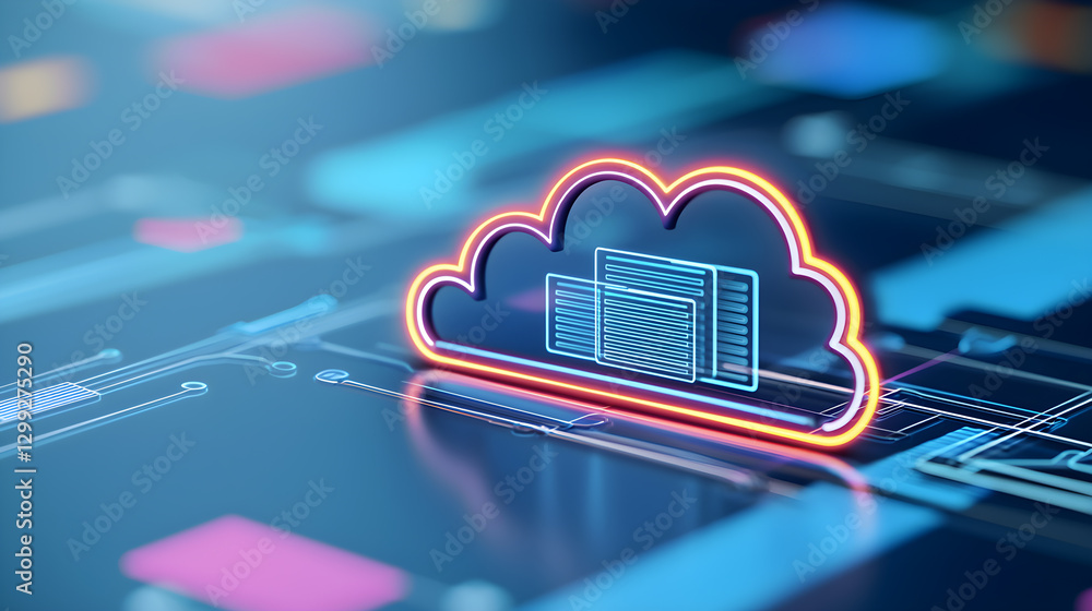 Poster a glowing cloud with a computer on top of it