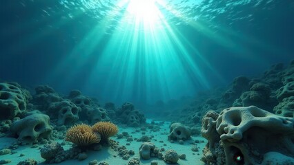 Fototapeta premium Sunlight illuminating an underwater coral reef with skull-shaped rock formations and bleaching effects 