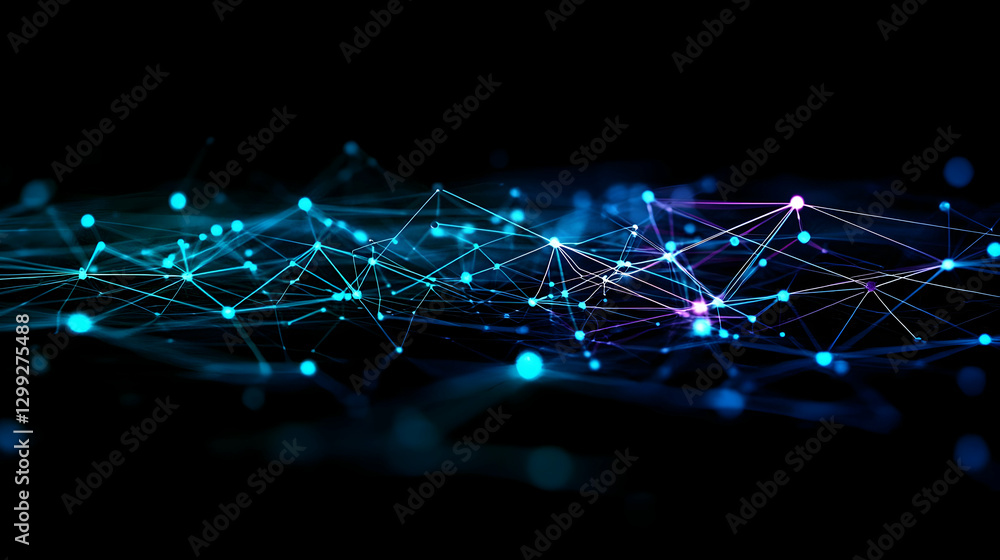 Poster abstract digital network visualization with blue and white connected lines on black background