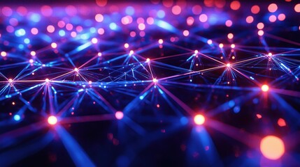 Obraz premium Futuristic glowing network with interconnected nodes and neon light grid