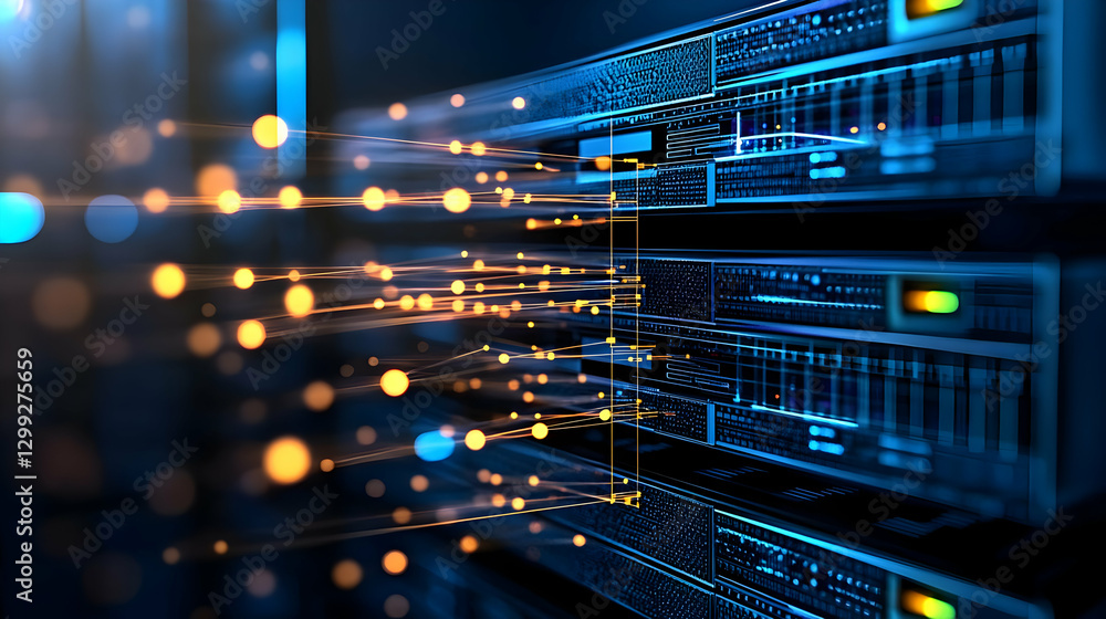 Poster server rack illuminated with blue and orange lights representing data transfer and global network co