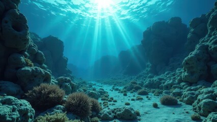 Fototapeta premium Sunlight illuminating an underwater coral reef with skull-shaped rock formations and bleaching effects 