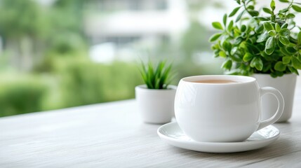 Tea cup on table, plants, green background, calm atmosphere, relaxation
