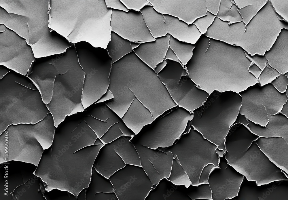 Poster close-up texture of cracked paint on wall, artistic black and white background with tattered shreds 