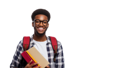 African Student Smiling, Carrying Books and Wearing Glasses, Transparent Background and Copy Space for Text 