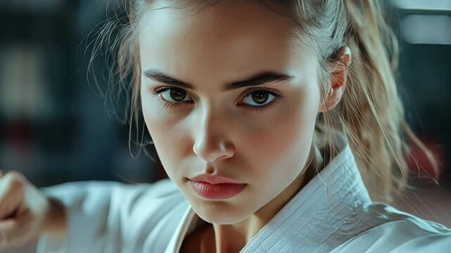 Pushing towards the face of a young female martial artist in a white gi, extending both fists in a defensive stance, her focused eyes locked ahead in an indoor gym setting.
