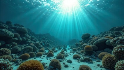 Obraz premium Sunlight illuminating an underwater coral reef with skull-shaped rock formations and bleaching effects 