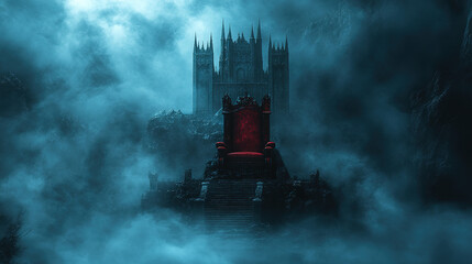 Mysterious throne surrounded by fog dark castle fantasy artwork eerie atmosphere wide angle gothic concept