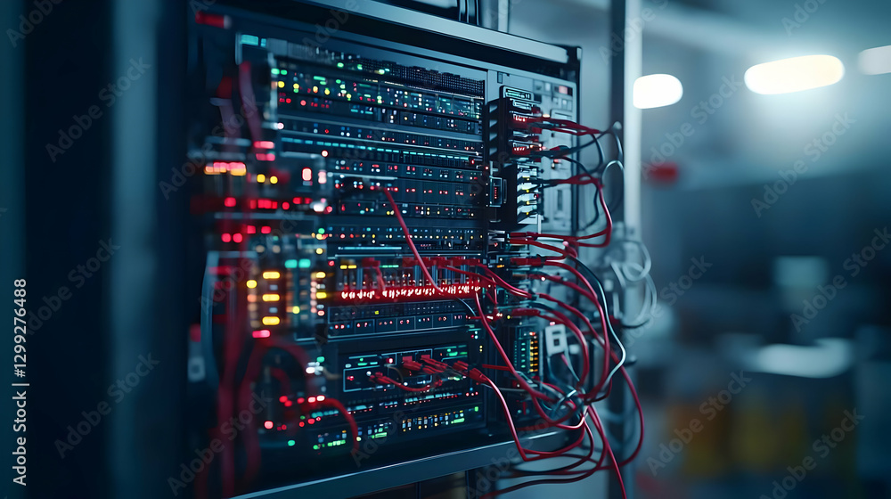 Aufkleber intricate server rack with red and blue cables displaying data and lights in dark room