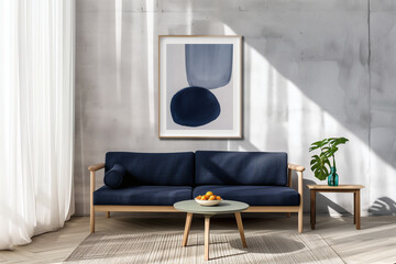 Modern living room with blue sofa and artwork.
