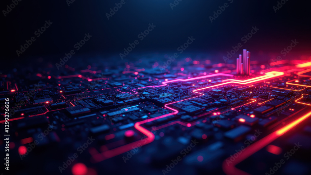 Poster High-tech representation of a CI/CD pipeline with neon lights illuminating the inner workings of a server farm or data center.