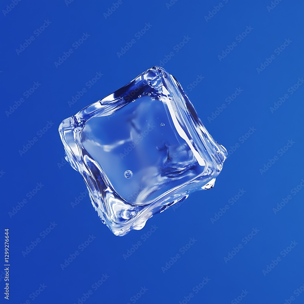 Poster macro close-up of a single ice cube with crystal-clear texture, perfect for cooling and drink themes