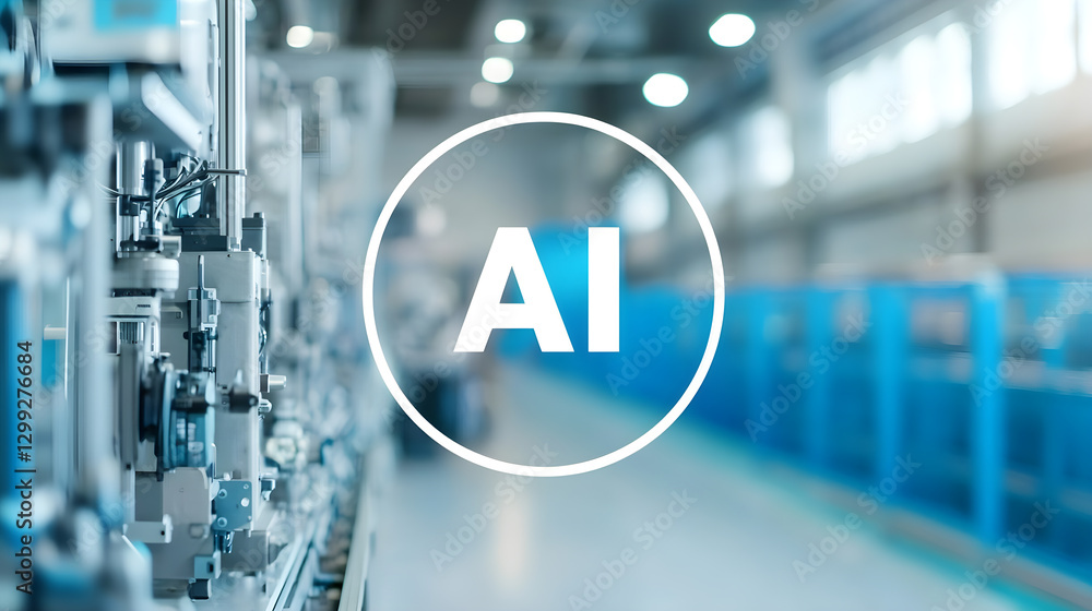 Poster a blue and white image of a factory with a large circle with the letters ai in t