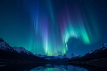 Spectacular Green and Purple Aurora Borealis Dancing Above Snow-Capped Mountain Range with Crystal-Clear Lake Reflection Creating Mesmerizing Natural Light Show in Arctic Night