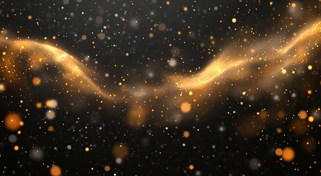 Gold glitter on a black background. Golden particles, dots, or powder falling down and creating swirls of light effect on a black backdrop
