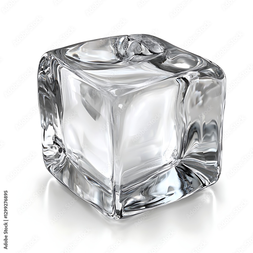 Poster close-up view of one ice cube with sharp edges and crystal-clear texture, ideal for cooling themes