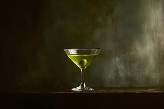 Martini with Olive: A classic martini cocktail, presented in a traditional martini glass, garnished with a plump green olive. The image captures a timeless elegance and sophistication.