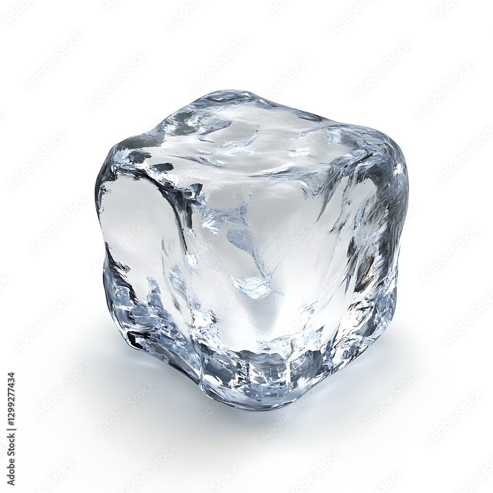 Poster crystal-clear close-up view of one ice cube with sharp edges, great for cooling and drink themes