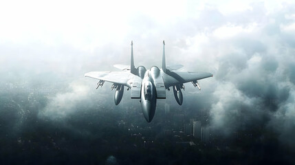 Military Jet Flying Through Overcast Skies Above A Cityscape