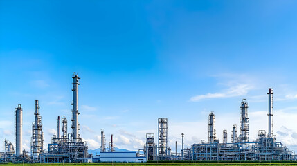Fototapeta premium Industrial Complex with Steel Structures Chimneys and Blue Sky in Bright Daylight