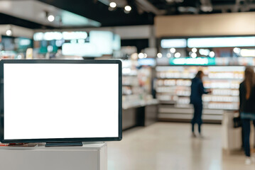 Blank digital screen mockup for advertisement, placed near the checkout counter in a modern supermarket, with visible shoppers in the blurred background