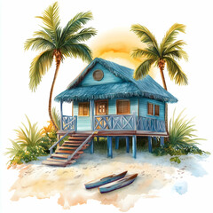 Charming beach house surrounded by palms in a vibrant coastal setting at sunset. Generative AI