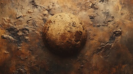 A weathered sphere rests on a textured brown surface