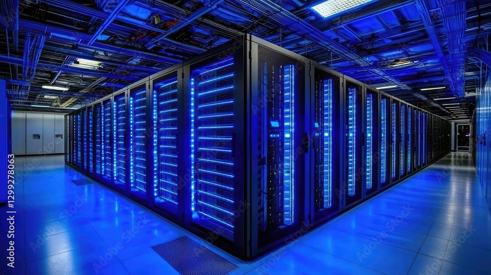 Aufkleber High tech data center with glowing blue server racks, advanced infrastructure, and overhead cabling. Ideal for cloud computing, cyber security, artificial intelligence, and data storage themes
