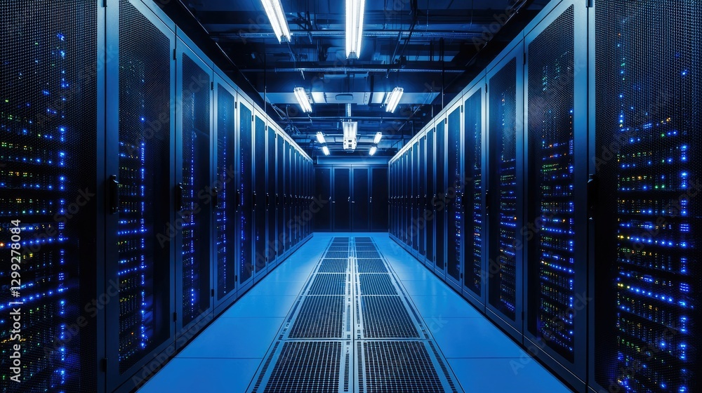 Poster Futuristic data center with rows of illuminated server racks, advanced cooling systems, and blue LED lighting. Ideal for cloud computing, cyber security, artificial intelligence, data storage themes