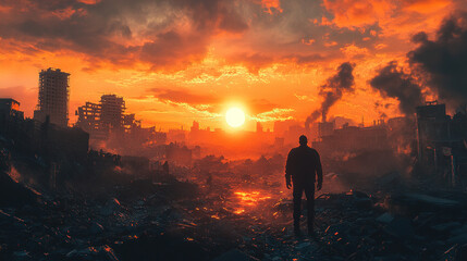 Fototapeta premium Dramatic sunset over a post-apocalyptic cityscape urban landscape digital art dystopian environment wide view survival concept