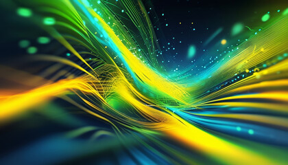 A vibrant futuristic abstract gradient background with random digital features and smooth transitions of green, yellow, and blue color dots on a dark cyberspace abstract background.