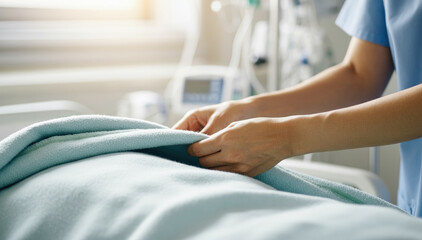 Obraz premium Healthcare worker making bed in hospital setting