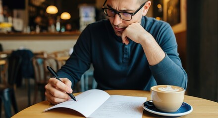 Man focusing on writing in notebook at cafe