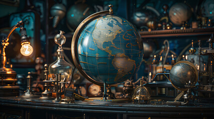 Fototapeta premium Vintage globe of the world on a table among other vintage accessories 