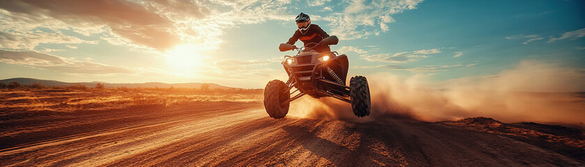 Thrilling atv adventure desert landscape action photography sunset view extreme sports concept