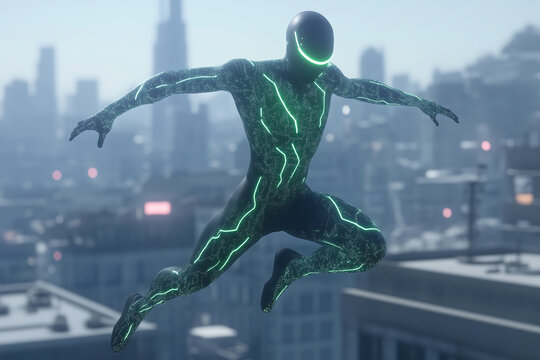 Superhero in a High-Tech Suit Soaring Over the City