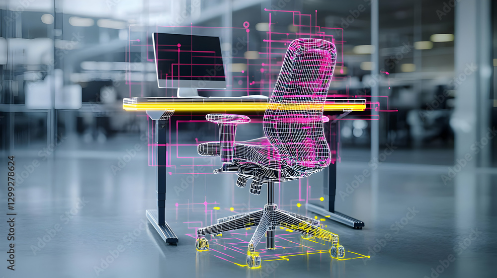 Poster digital office interior with futuristic desk chair and computer screen displaying data and technolog