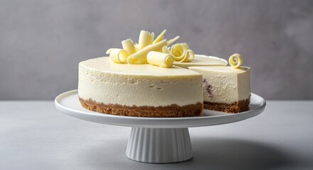 Elegant white chocolate cheesecake on pedestal with slice missing