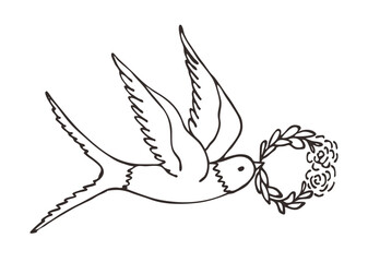 A vector illustration depicting the first spring bird, a swallow, carrying a flower wreath in flight. It is a symbol of spring, a new life. Hand-drawn. Logo, icon, postcard.