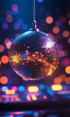Disco ball hanging in nightclub, vibrant lighting bokeh background