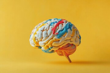 A colorful human brain conceptualized on a vibrant yellow background