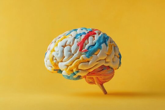 A colorful human brain conceptualized on a vibrant yellow background
