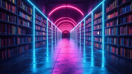 Futuristic library with neon lights and books high resolution hd image