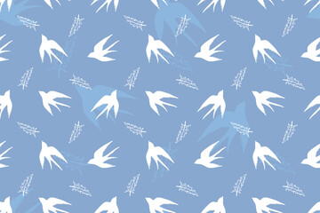 Seamless pattern of swallow birds, hand-drawn. Silhouettes of the first spring birds, sky background, birds in flight, wings spread. A symbol of freedom. Modern design for fabric, tableware, wrappers.