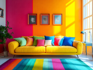 A lively digital illustration of a room with a yellow couch, on a colorful carpet. Fun, modern, ideal for home decor or prints.