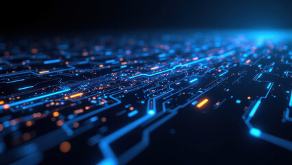 Obraz premium High-tech network with glowing blue lights on a motherboard background, symbolizing cloud computing, big data analytics, and software development infrastructure.